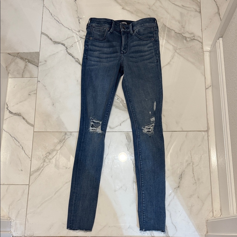 Express Dark Blue Distressed Skinny Jeans